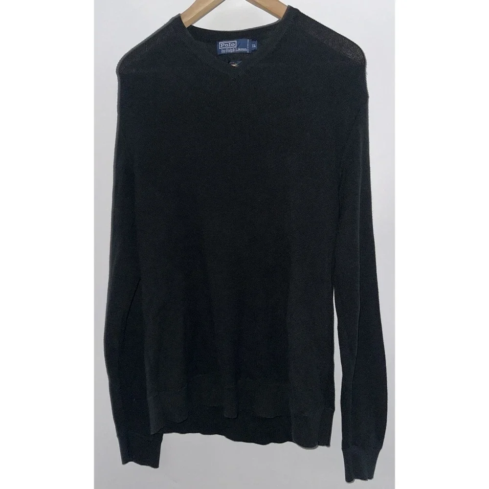 Polo Ralph Lauren Black Long Sleeve Lightweight V Neck Sweater Mens XL Cotton‎